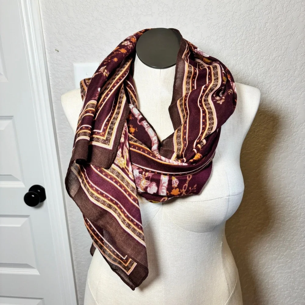 Womens Burgundy‎ Floral Chain Border Print Lightweight Scarf One Size